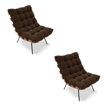 Imagem de Kit 02 Poltronas Costela Suede Base Metálica Preto Marrom