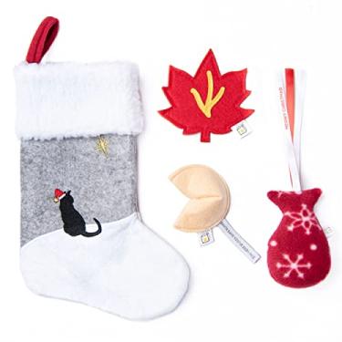 Imagem de Meia de Natal para gatos com 3 brinquedos de Natal (biscoito da sorte com uma mensagem do Papai Noel, peixe de lã e folha de bordo enrugada)