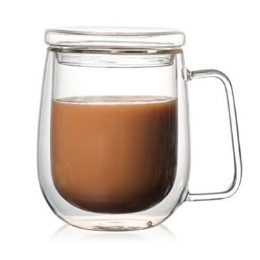 Imagem de Caneca de café de vidro borossilicato com alça de tampa, copo de café de leite isolado de parede dupla de 340 g, xícaras de café expresso grossas para americanos, latte, expresso, café, bebida e chá, transparente