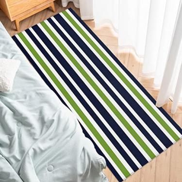 Imagem de Tapete de corredor, azul, verde, branco, listrado, padrão geométrico, antiderrapante, tapete de corredor, tapete para lavanderia, cabeceira, banheiro, quarto, 48 x 118 cm