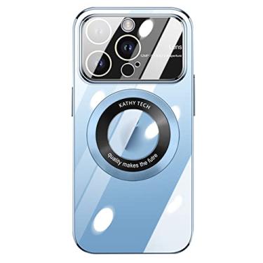 Imagem de DENSUL Capa transparente para iPhone 14 Pro Max/14 Plus/14 Pro/14,9H Capa de lente de proteção de vidro endurecido, capa fina transparente traseira forte magnética para carregamento sem fio, azul, 14 Plus 6,7 polegadas