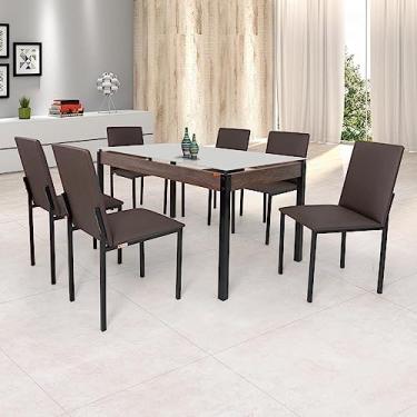 Imagem de Conjunto Sala de Jantar Mesa 140x80cm Tampo Vidro com 6 Cadeiras Dubai Ciplafe Preto Fosco/linho Marrom