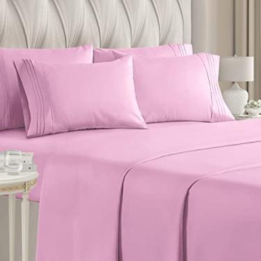 Imagem de King Size Sheet Set - 6 Conjunto de Peças - Lençóis de Luxo do Hotel - Extra Macio - Bolsos Profundos - Fácil Ajuste - Folhas respiráveis e de resfriamento - Sem Rugas - Confortável - Lençóis de Cama Rosa Claro - Folhas de Reis - 6 pc