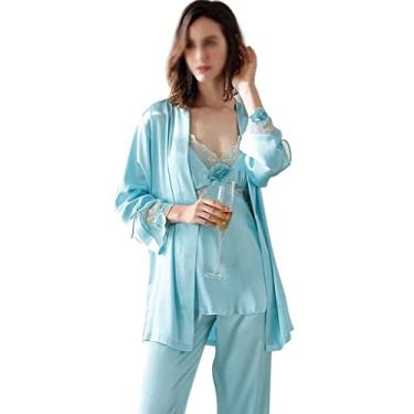 Imagem de Conjuntos de pijama de renda sexy de seda gelo feminino três peças verão fino sling calças compridas roupa doméstica mulher (cor: A, tamanho: código GG)