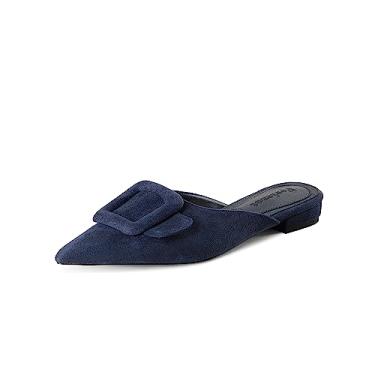 Imagem de Fericzot Mules para mulheres, sandálias com fivela e bico fino, sapatos de salto gatinho, sandálias de costas nuas, Azul-marinho, plano, 12