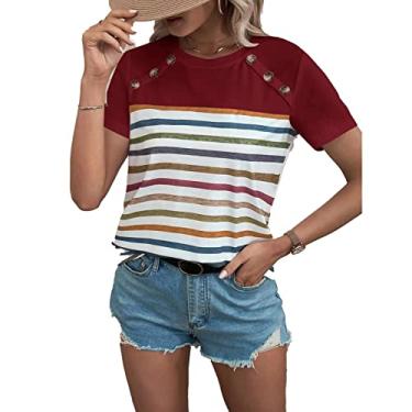Imagem de VINGVO Camiseta feminina de verão com botões de ajuste fácil, ombros de fora, gola redonda, confortável, casual, férias, manga curta, Vinho tinto, XXG