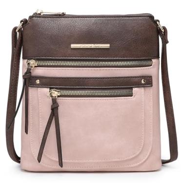 Imagem de Dasein Bolsa tiracolo feminina de couro vegano, bolsa carteiro com vários bolsos com zíper, rosa, Small