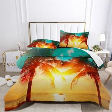Imagem de Faeralei Conjunto de edredom Sunset Coco para cama em um saco, 7 peças, Beach Coconut Grove Island, incluindo 1 lençol com elástico + 1 edredom + 4 fronhas + 1 lençol de cima (C, cama de casal em um