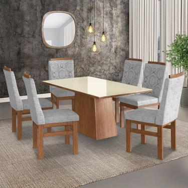 Imagem de Conjunto Mesa 160x82cm e 6 Cadeiras Madeira Maciça Móveis Zamarchi Canela/Linho Cinza