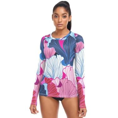 Imagem de Camiseta de maiô feminina com estampa colorida abstrata, estampa de leque, camisas de surfe, Rash Guard, manga comprida, tops, Flor de leque de padrão colorido abstrato, M