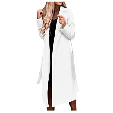 Imagem de BFAFEN Casaco feminino trench coat comprimento médio lapela entalhada casaco de manga comprida com cinto jaqueta elegante de inverno, Branco, GG