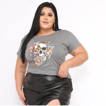 Imagem de T Shirt Feminina Plus Size Caveira Flores - Estilo Único
