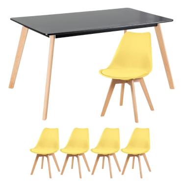 Imagem de Kit - Mesa de jantar retangular 80 x 140 cm preto + 4 cadeiras Leda amarelo