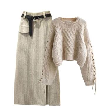 Imagem de Saia tricotada outono inverno pulôver saia coreana feminina roupas em vestido combinando, Cor creme superior, G