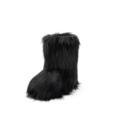 Imagem de IXU Bota feminina de pele sintética, bico redondo, felpudo, bico redondo, camurça, neve, inverno, confortável, confortável, quente, curta, para uso externo, para uso interno, botas de cano médio,