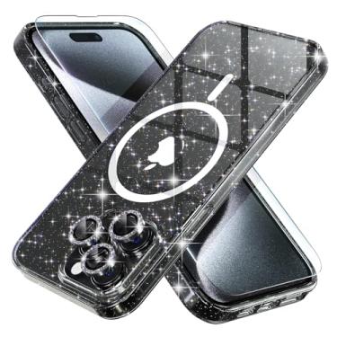 Imagem de Choiche Capa magnética para iPhone 15 Pro Max, capa feminina brilhante com glitter transparente, [3 protetores de lente de câmera Diamond] [2 películas de vidro temperado] [MagSafe compatível] (preto brilhoso)