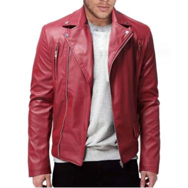 Imagem de Ruixinxue Jaqueta masculina moderna de couro com lapela e zíper assimétrico, jaqueta de motociclista leve e slim fit, Vermelho, 5G
