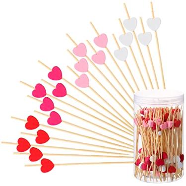 Imagem de 120 Pçs Palitos de Coquetel de Coração Palitos de Dentes Chiques para Aperitivos 12,7 Polegadas de Comprimento Bambu Dia dos Namorados Palitos de Frutas Vermelho Rosa Branco Bebidas Espetos de Comida