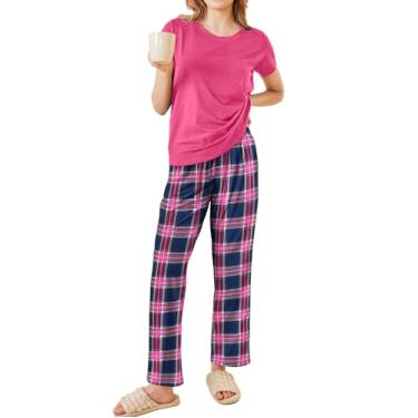 Imagem de Ekouaer Conjunto de pijama feminino, 2 peças, macio, manga curta, pijama feminino, Xadrez preto e rosa, GG