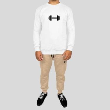 Imagem de Conjunto Calça e Blusa Moletom Careca Sem Capuz Algodão Estampado Peso Academia-Masculino