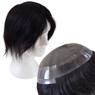 Imagem de Prótese Capilar Masculina Austrália Híbrida Tela Lace Micropele Cabelo Natural 100% Humano Perucas Tamanho 20x25cm Densidade 130% Cor #1B Castanho Escuro