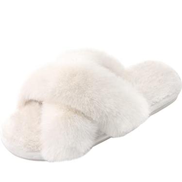 Imagem de Pantufas femininas com tiras cruzadas de pelúcia macia, pelúcia, aconchegante, aconchegante, de pele de coelho, chinelos, bico aberto, para uso interno e externo, quentes, confortáveis,