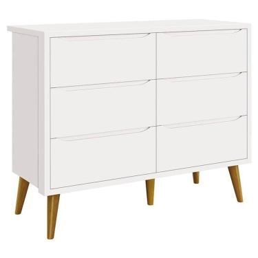 Imagem de Cômoda Infantil 6 Gavetas Retrô Theo Branco Acetinado Com Pés Madeira - Reller
