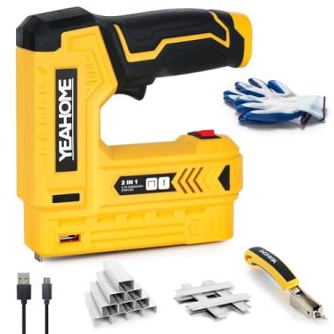 Imagem de YEAHOME Pistola elétrica de grampear 2 em 1 leve sem fio para estofamento com 2.000 grampos e pregos, kit de pregos de 3,7 V com carregador USB e removedor de grampos para madeira, carpintaria,
