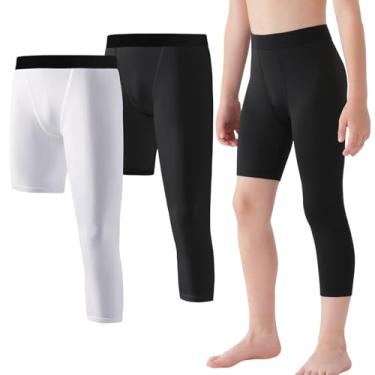 Imagem de Blaward Pacote com 2 calças de compressão para meninos, perna única, leggings 3/4 para basquete, corrida, capri esportiva, camada de base atlética, Preto esquerdo + branco, 8-9 Anos