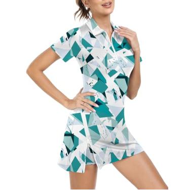 Imagem de FKEEP Vestido feminino de tênis e golfe, vestido esportivo com shorts e bolsos, 17 blocos irregulares verdes, 3G