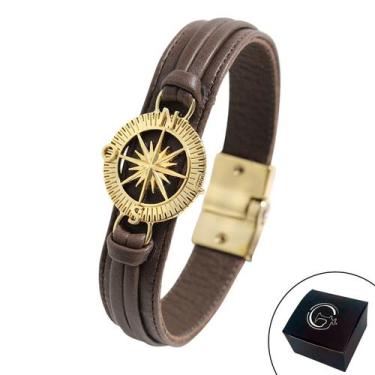 Imagem de Pulseira de Couro Magnética Bússola Dourada - Granado Acessórios, 23CM
