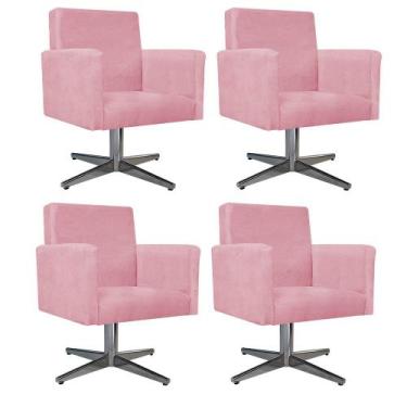 Imagem de Kit 04 Poltronas Beatriz Base Giratória de Metal Suede Rosa Bebê - DAM
