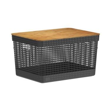 Imagem de Cesto Organizador com Tampa de Bambu Grid Preto 20L - Ou