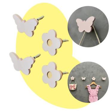 Imagem de 4 Ganchos parede infantil menina borboleta flor rosa adnet - Hanger De
