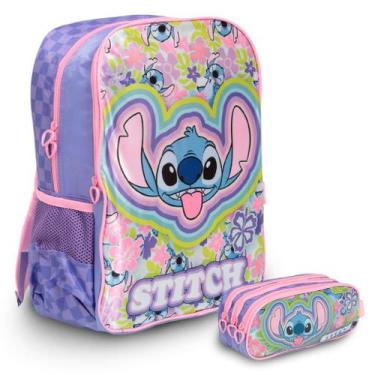 Imagem de Kit Mochila Escolar Costas Stitch Reforçada Tam G Lilás - Plike