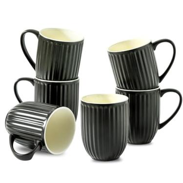 Imagem de Hasense Conjunto de 6 canecas de café, copos grandes de cerâmica com nervuras de 473 ml com alça grande para café, chá e cacau, design moderno e leve, seguro para micro-ondas e lava-louças, preto