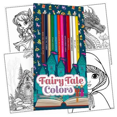 Imagem de Lápis de cor e páginas de colorir de contos de fadas para fãs de quadrinhos | 12 lápis de cor temáticos de conto de fadas com nomes inteligentes estampados e 10 páginas divertidas para colorir