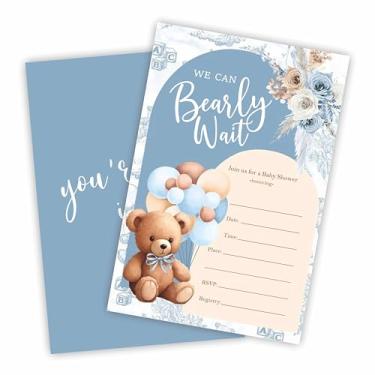 Imagem de Convite para chá de bebê We Can Bearly Wait, 25 convites de preenchimento de balões florais e ursos Boho azuis com envelopes, anúncio de bebê para meninos e meninas, artigos e decorações de festa de