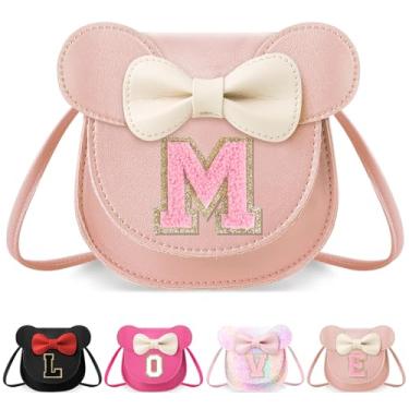 Imagem de izuzta Bolsa infantil para crianças 1 2 3 4 5 6 7 8 anos de idade bonito mouse orelha laço bolsa transversal presente de aniversário, Bolsa pequena/rosa/letra rosa, Medium, M