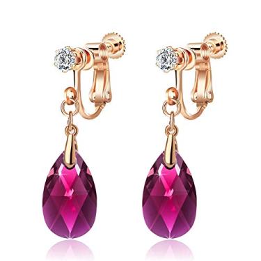 Imagem de Brincos com pingente de gota de cristal Swarovski para mulheres, não perfurados, banhado a ouro rosa 14 K, joia hipoalergênica (Fúcsia)