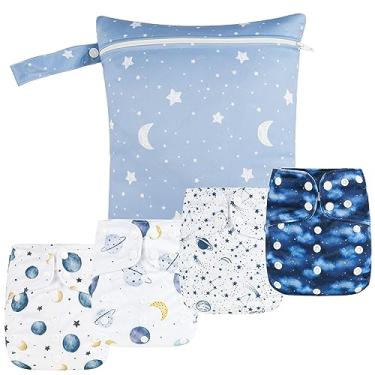 Imagem de HappyFlute Conjuntos de Fraldas de Bolso de Pano para Recém-Nascidos Ajustáveis Reutilizáveis para Meninos e Meninas (6-33 Libras, 0-3 Anos), Uma Bolsa Molhada + 4 Fraldas e 4 Absorventes (Ad09)