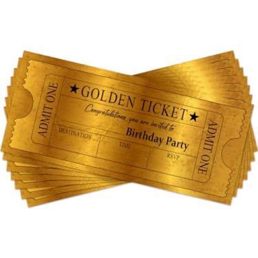 Imagem de bxtala Convite de aniversário Golden Ticket, cartões de convite de festa de aniversário para adolescentes e adultos, suprimentos de celebração de festa, bilhete dourado 20 convites com envelopes para