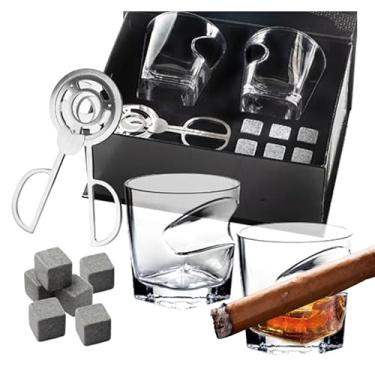 Imagem de Conjunto de copos de uísque com suporte lateral - 2 peças. Vidro antigo de 355 ml com 6 pedras de uísque de granito, bolsa de veludo, cortador e caixa de madeira - Presentes para homens que têm tudo da EMCollection