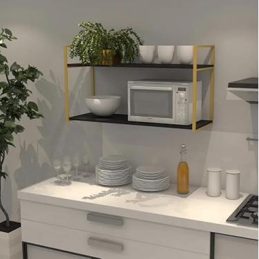 Imagem de Prateleira Industrial Parede ou Suspensa Dourada Aço e Madeira 50x40x80cm (Preto)