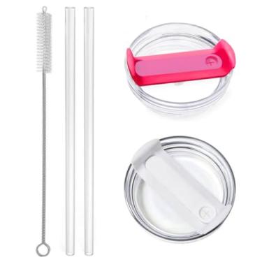 Imagem de 2 peças de tampa de copo para acessórios de copo Stanley, tampa de copo de substituição de 1,134 g, 2 canudos reutilizáveis extra longos e 1 escova de limpeza (branco, rosa choque)