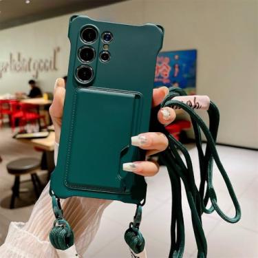 Imagem de Bolsa de silicone para cartão crossbody para Samsung S23 S24 Plus S22 Ultra A53 A34 A54 A15 A14 Alça de ombro Carteira Capa fosca, verde escuro, para S22 Ultra
