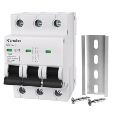 Imagem de kerwinn Disjuntor Miniatura De 3 Polos, Disjuntor Ca De 240 V/480 V, Disjuntor Inteligente De Circuito Magnético Térmico De 50 A, Interruptor De Desconexão Ca, Montagem Em Trilho Din (50 A)