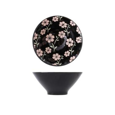 Imagem de 2 peças - Louça de cerâmica em estilo japonês em relevo, tigela de comer em forma de chapéu, tigela de arroz doméstica - tigela de chapéu 5,5 - floral preto