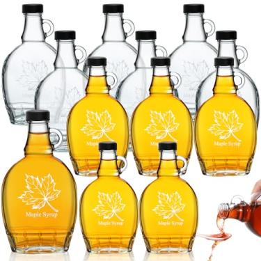 Imagem de Havawish 12 garrafas de vidro de xarope de bordo de 236 ml, garrafas de vidro transparentes reutilizáveis com tampas, alça de laço, potes de xarope para poção de leite, molho de suco, armazenamento de