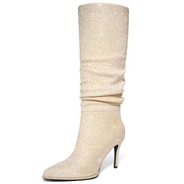 Imagem de RONILURN Bota feminina de strass na altura do joelho, brilhante, despojada, bico fino, salto alto, panturrilha, com glitter, bota stiletto feminina, Bege, 37